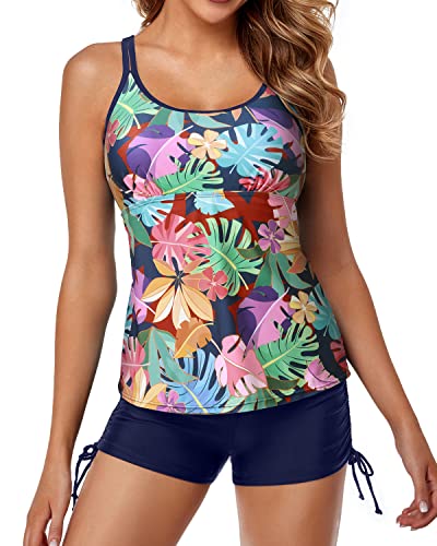 Cross-Back Design Tankini Bathing Suits For Women-Blue Leaves