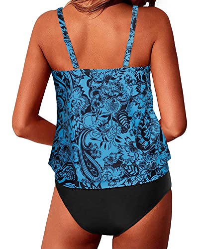 Mid Waist Tummy Control Blouson Tankini Swimsuits For Women-Black And Tribal Blue