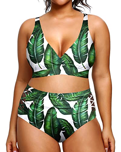 Push Up Padded Bra Plus Size Bikini High Waisted Bikini Swimsuits For Women-Green Leaf