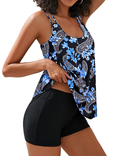 Athletic Swimsuits Tankini Top Boy Shorts Tummy Control Bathing Suits-Black Floral