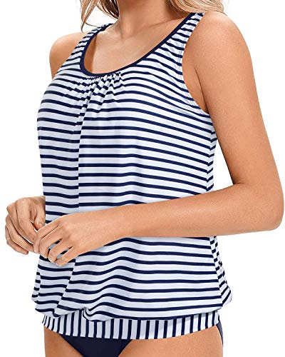 Modest Scoop Neck Blouson Tank Top Women's Tankini Tops Only-Blue And White Stripes