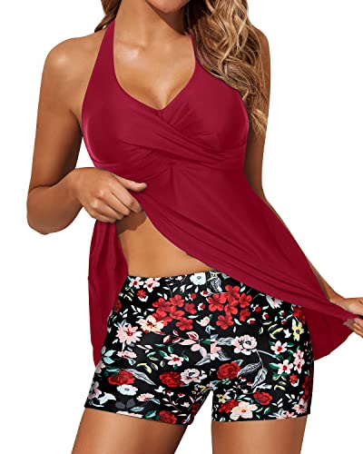 Padded Push Up Bra Tankini Swimsuits For Women Shorts-Red Floral