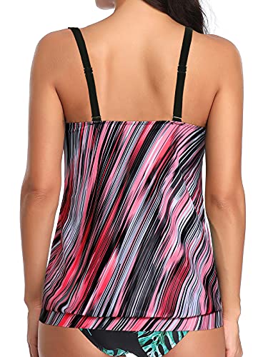 Athletic Style Tankini Top Adjustable Straps For Women Swimwear-Pink Stripe