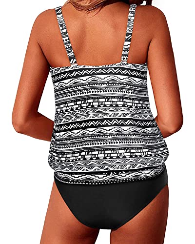 Pretty Flared Blouson Tankini Bathing Suits For Teens Mid Waist Bottom-Black Tribal