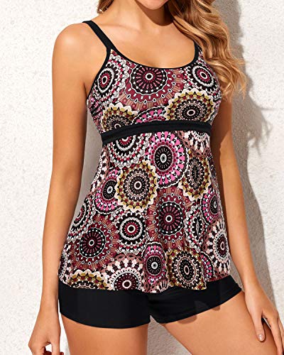 Two Piece Tankini Bathing Suits For Women Swimwear Boy Shorts-Brown Print