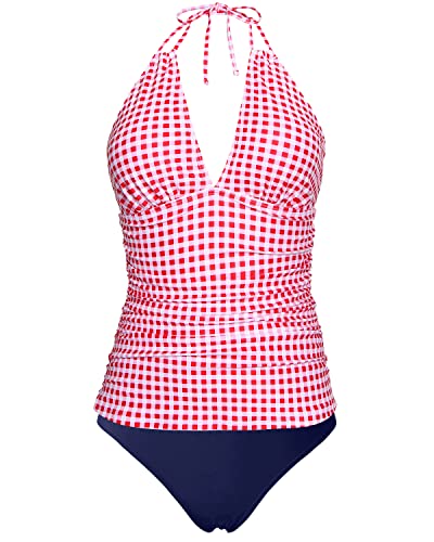 V-Neck Tankini Sexy Double Straps Detail For Women-Red Plaid And Blue