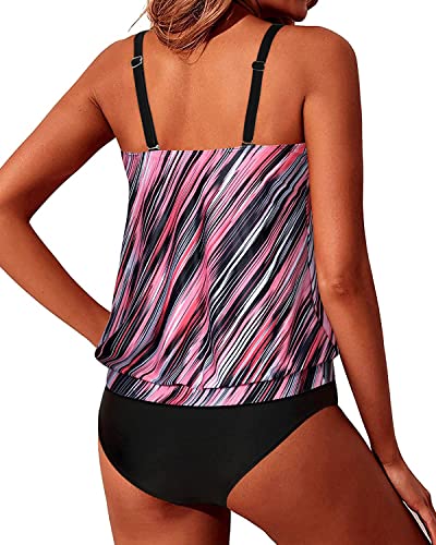 Adjustable Shoulder Straps Blouson Tankini Swimsuits For Women-Pink Stripe