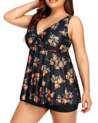 Plus Size Flowy Bathing Suits Boy Shorts Padded Push Up Bra-Black Oran ...