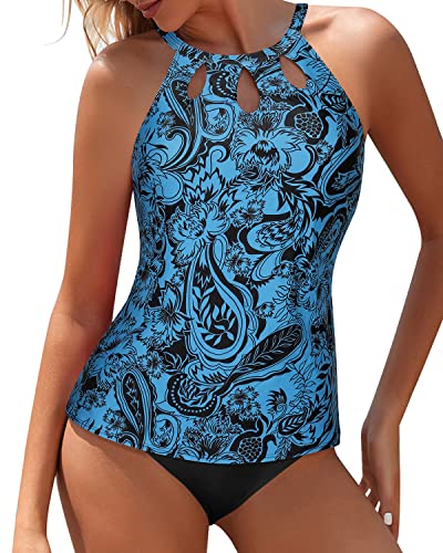 High Waisted Tummy Control Bathing Suit Halter Design Backless Tankini-Black And Tribal Blue