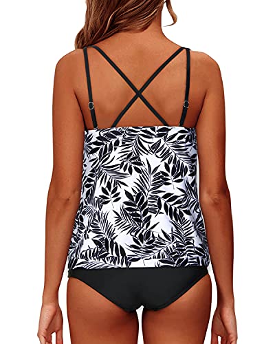 Women's Athletic Blouson Tankini Swimsuit Sports Bra-Black Leaves