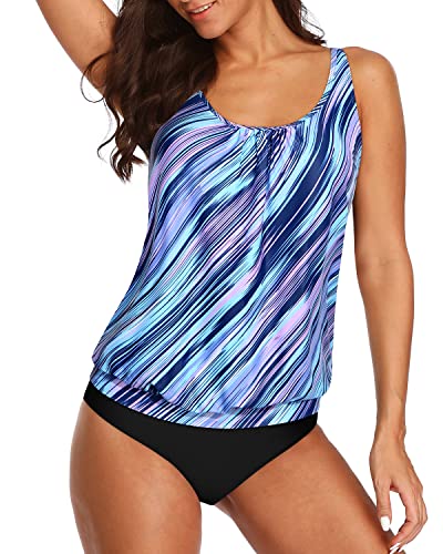 2 Piece Wireless Tankini Swimwear Elastic Band For Women-Blue And Black Stripe