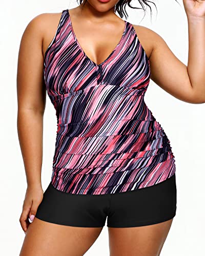 Athletic Plus Size Swimsuits Shorts Tummy Control Tankini Bathing Suits-Pink Stripe