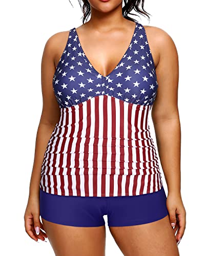 Tummy Control Plus Size Tankini Shorts Swimsuits For Women-American Flag