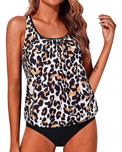 Loose Fit Mid Waist Blouson Tankini Bathing Suits Women 2 Piece Tankini-Black And Leopard