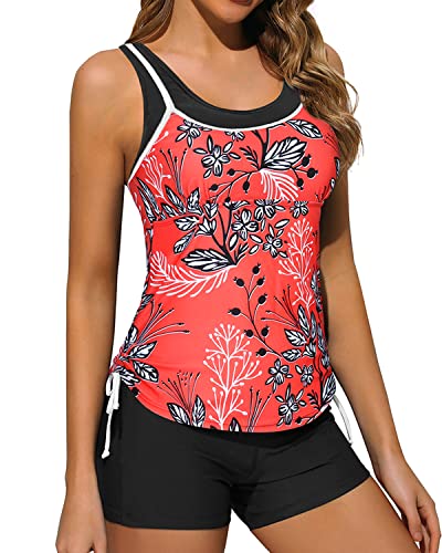 Adjustable Shoulder Straps Tankini Swimsuits Shorts Slimming Swimwear-Red Floral