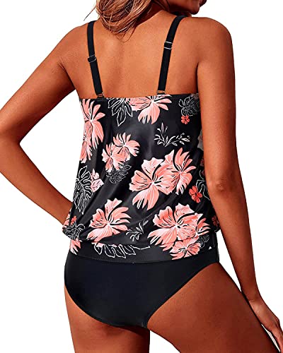 Pretty And Flattering Blouson Tankini Swimsuits For Women-Black Orange Floral