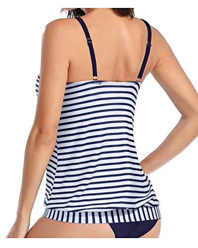 Modest Scoop Neck Blouson Tank Top Women's Tankini Tops Only-Blue And White Stripes