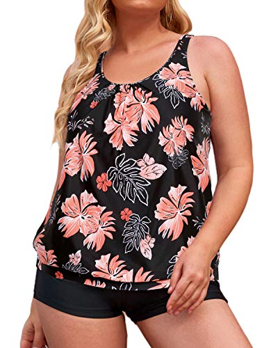 Comfortable Plus Size Two Piece Blouson Tankini Swimsuit Set For Women-Black Orange Floral