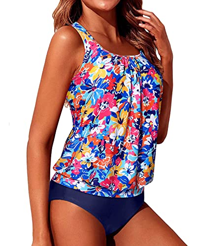 Modest Bathing Suits Loose Fit Swimwear Women's Tankini Swimsuits-Colorful Flower