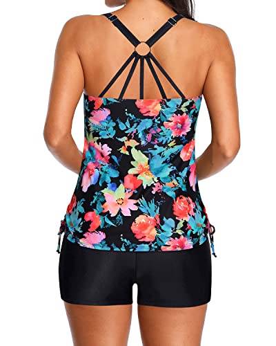 Athletic Two Piece Girls Tankini Shorts For Comfort And Support-Pink Flower Blue