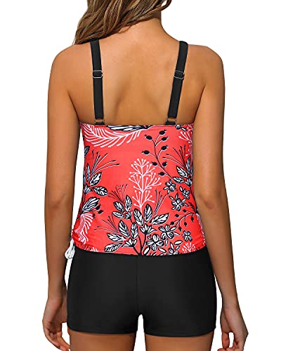 Adjustable Shoulder Straps Tankini Swimsuits Shorts Slimming Swimwear-Red Floral