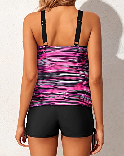 2 Piece Loose Fit Tankini Bathing Suits Tops For Women-Pink Stripe