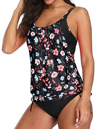 Layered Tankini Swimsuits For Women Blouson Tankini Swimsuits For Women-Black Floral