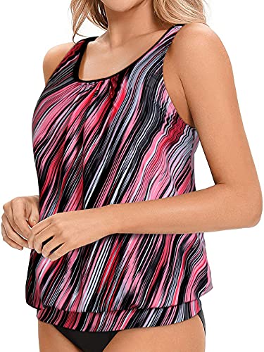 Athletic Style Tankini Top Adjustable Straps For Women Swimwear-Pink Stripe