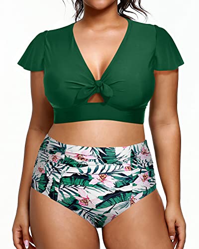 Two Piece Tummy Control Bathing Suits Ruffle Sleeves For Plus Size Women-Green Tropical Floral
