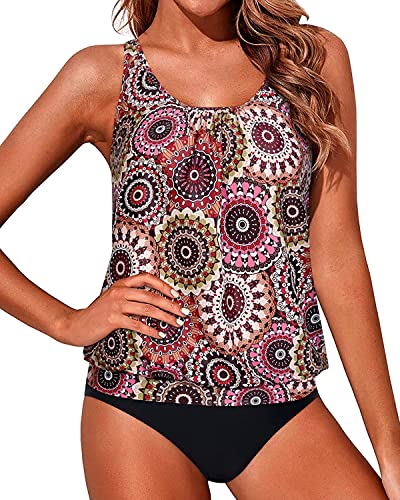 Adjustable Straps Loose Fit Swimsuits For Women 2 Piece Tankini-Brown Print