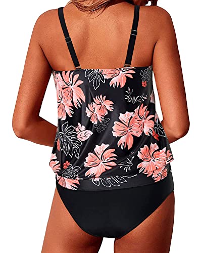 Pretty And Flattering Blouson Tankini Swimsuits For Women-Black Orange Floral