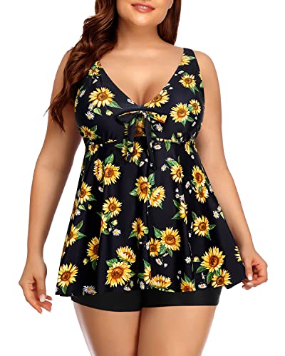 Flowy Bathing Suits Shorts And Tie Knot For Ladies-Black And Sunflower