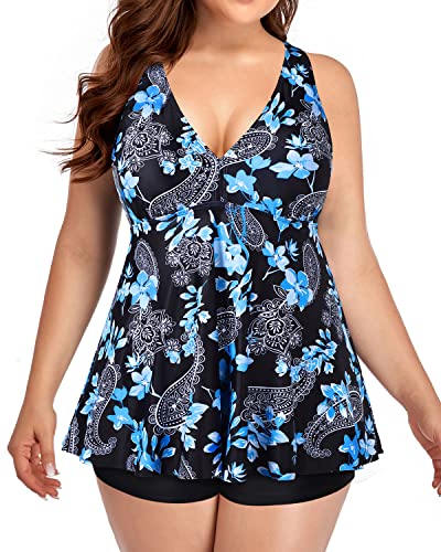 Long Plus Size Tankini Top V Neck Swim Top For Women-Blue Floral