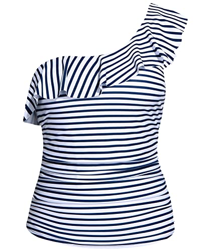 Flattering And Cute One Shoulder Tankini Tops Push Up Bra For Women-Blue And White Stripes