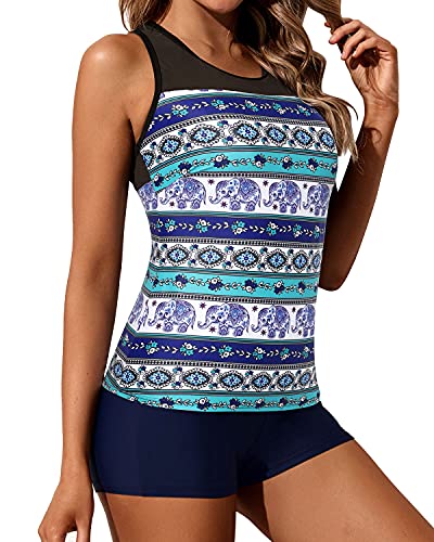 Modest Mesh Patchwork Tankini Bathing Suit Tops For Women Shorts-Navy Blue Tribal