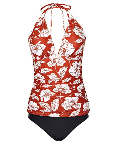 Tummy Control Halter Tankini Swimsuits Bikini Bottom For Women-Red Floral