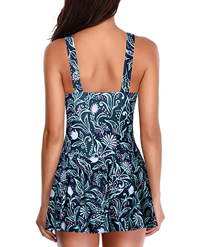 Flattering Vintage One Piece Swimsuit Tummy Control Swim Dress-Blue Floral