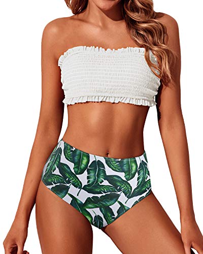 Smocked Off Shoulder Bandeau Bikini Top And Cheeky High Waisted Bottom-White Leaf