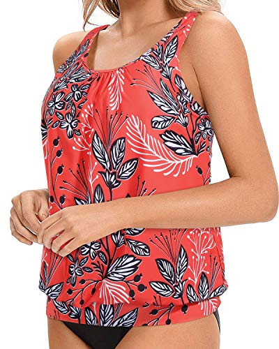 Women's Stylish Blouson Tankini Top Supportive Bra Padding-Red Floral