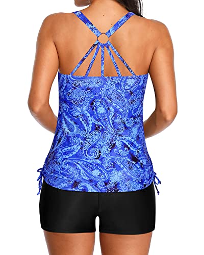 Women's Two Piece Tankini Swimsuits Drawstring Tie Side Boy Shorts-Blue Tribal