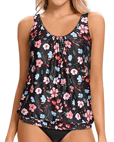 Flattering Black Scoop Neck Swim Top For Women-Black Floral