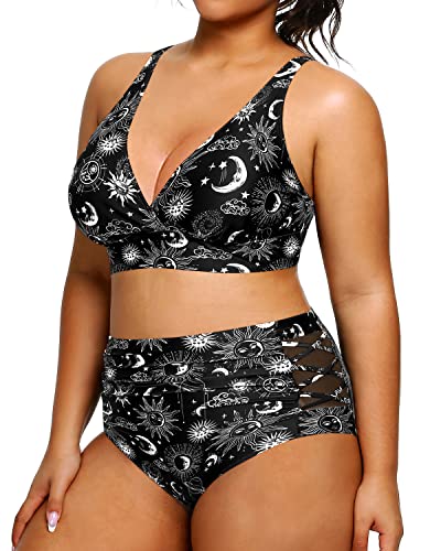 Ocean Playing Plus Size Bikini High Waisted Bikini Swimsuits For Women-Black Sun And Moon