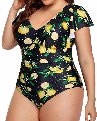 V-Neck Bathing Suits Ruffles Plus Size Swimsuits For Women-Lemon