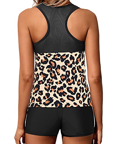 Flattering Tummy Control Tankini Bathing Suit Tops For Women Shorts-Black And Leopard