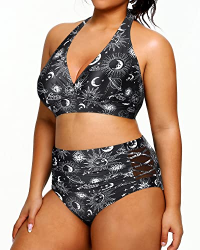 Women's Tummy Control Two Piece Plus Size High Waisted Bikini Swimsuit-Black Sun And Moon