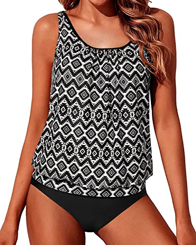 Loose Fit Tankini Top Blouson Tankini Swimsuits For Women-Black Tribal