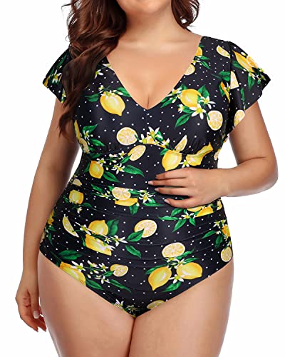 V-Neck Bathing Suits Ruffles Plus Size Swimsuits For Women-Lemon