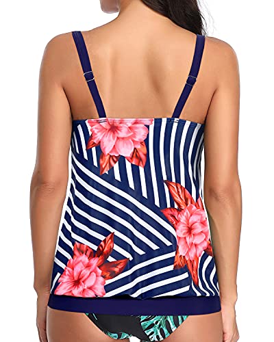 Flattering Black Blouson Bathing Suit Top For Women-Blue Floral