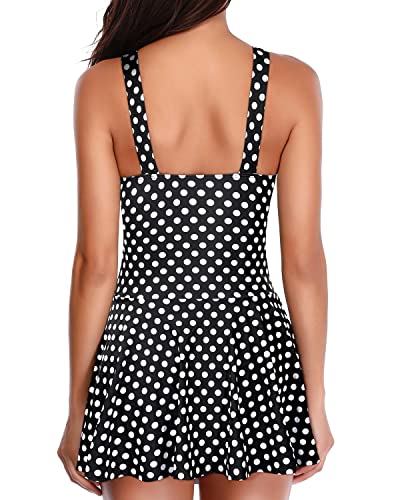 Modest Tummy Control Swimdress One Piece Swimsuit Skirt For Women-Black Dot