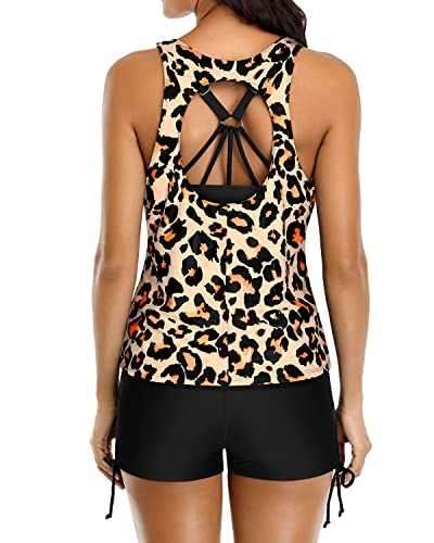 Women's Athletic Bathing Suit Shorts And Push Up Padded Bra-Black Leopard